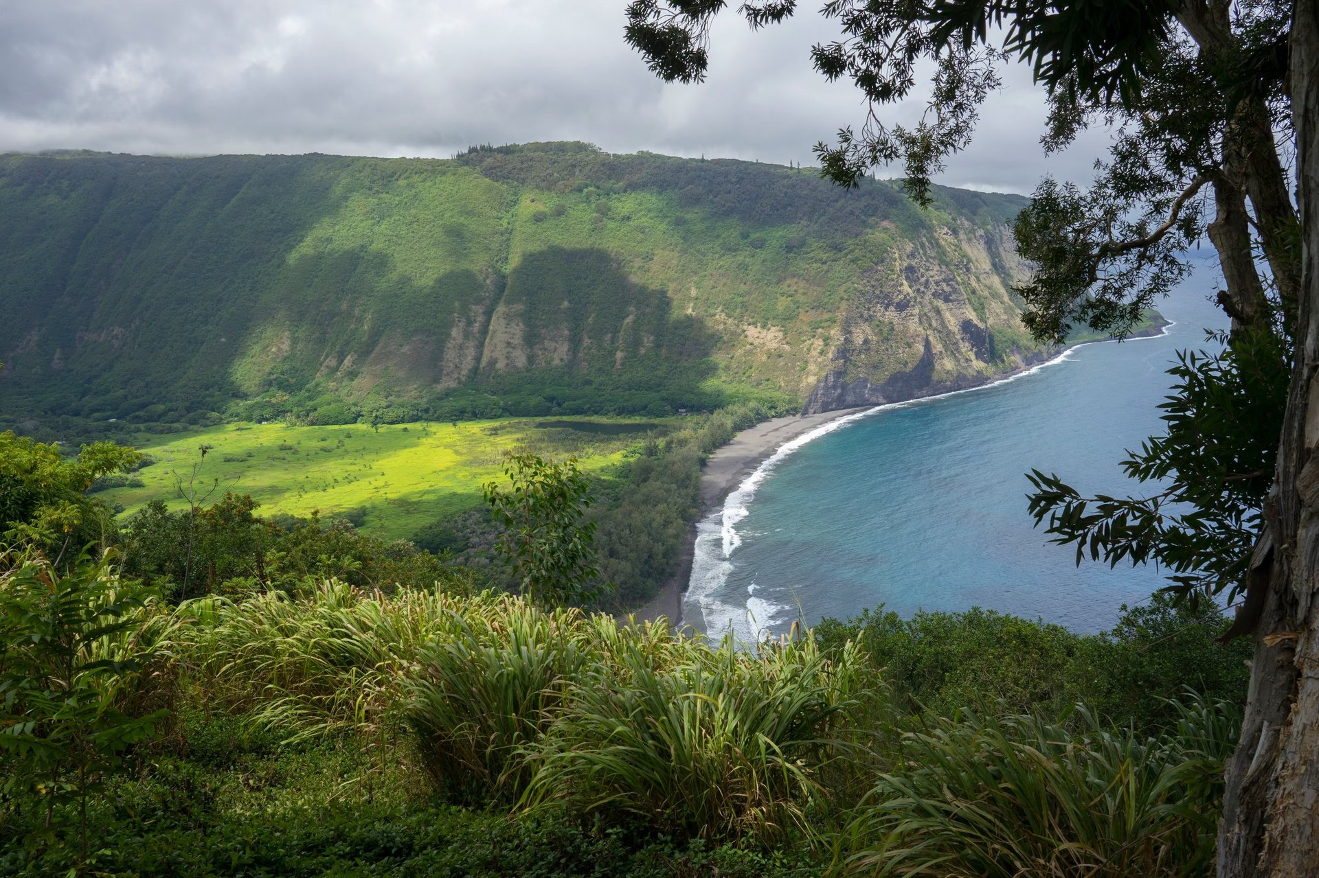 Aerial view of a coastal valley with lush green cliffs, black sand beach, turquoise waters, and tropical vegetation under cloudy skies