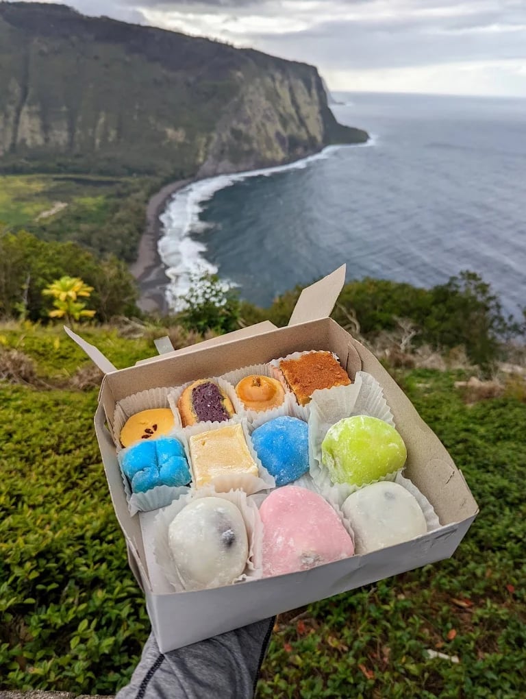 Box of colorful pastries and donuts held up at a scenic coastal cliff overlook with ocean and black sand beach below — Two Ladies Kitchen in Hilo